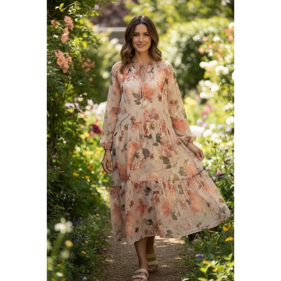 H&M Dresses & Skirts - H&M Floral Maxi Dress Oversized XS Tiered Flowy Boho Vacation Women's‎